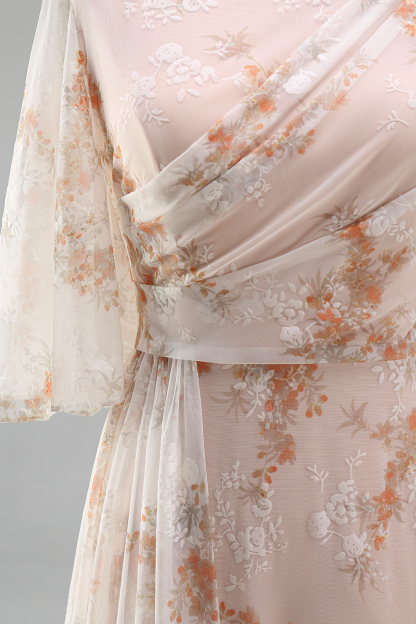 Champagne A Line Floral Ruffled Long Wedding Guest Dress with Sleeves