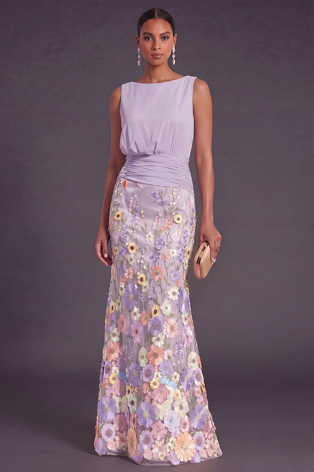 Lilac Mermaid Floral Boat Neck Long Formal Dress