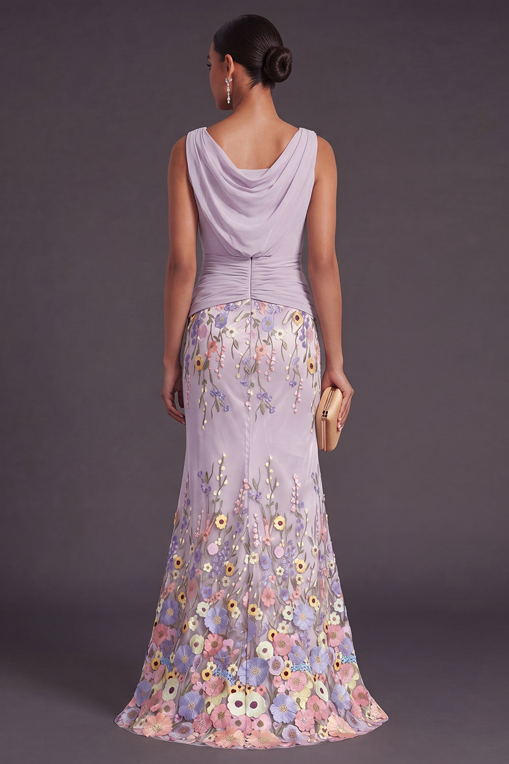 Lilac Mermaid Floral Boat Neck Long Formal Dress