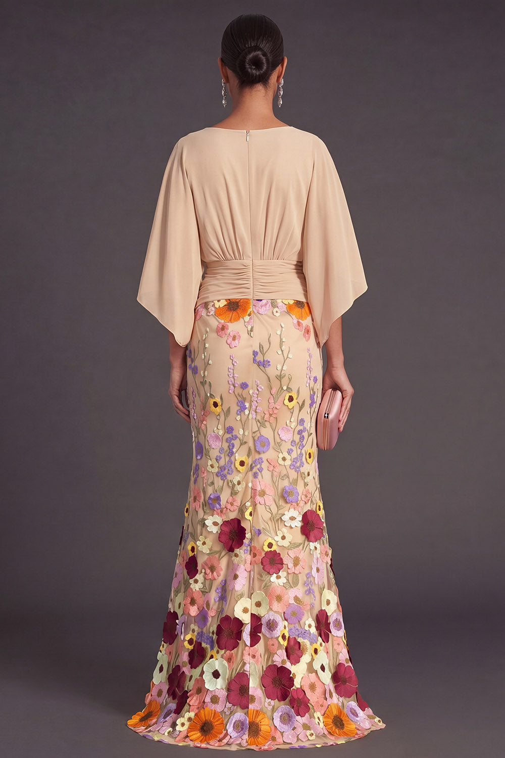 Champagne Mermaid Floral Long Formal Dress with Sleeves