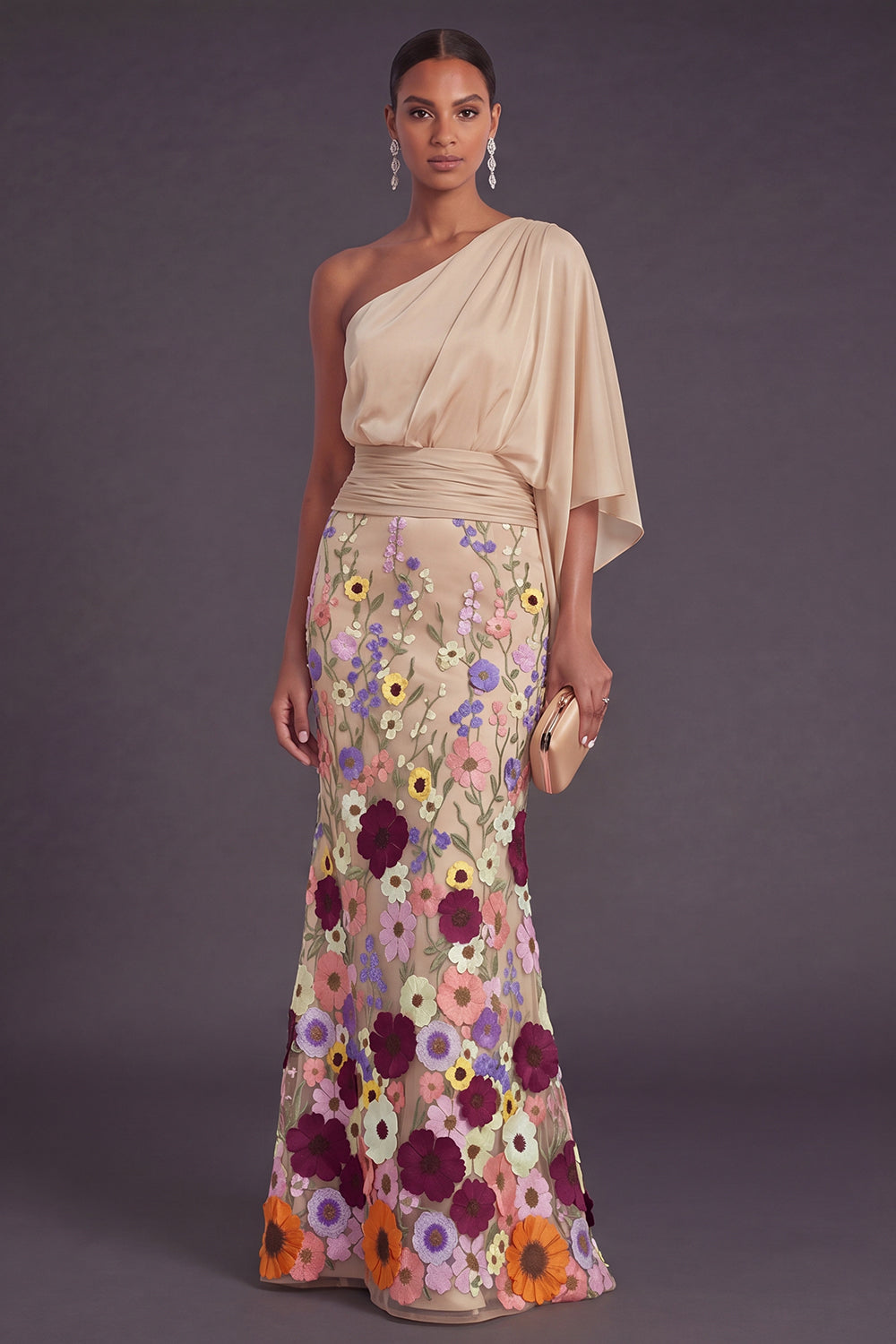 Champagne Mermaid Floral Embroidery One Shoulder Long Formal Dress with Sleeves