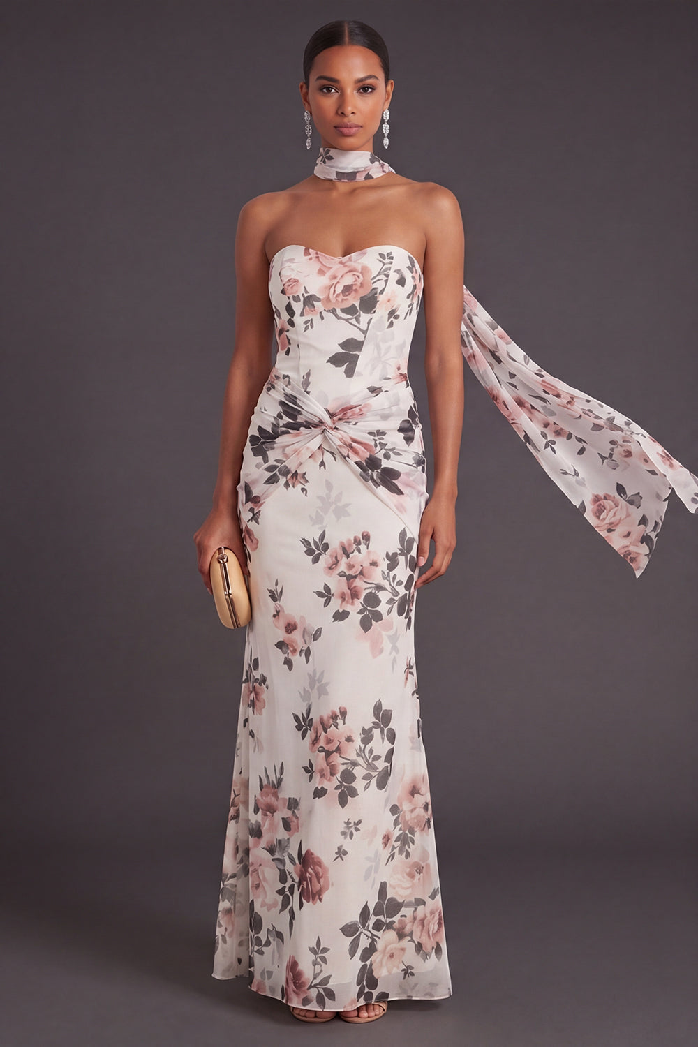 Leely Women Neck Scarf Ivory Floral Mermaid Long Wedding Guest Dress Sweetheart Backless Sleeveless Formal Dress