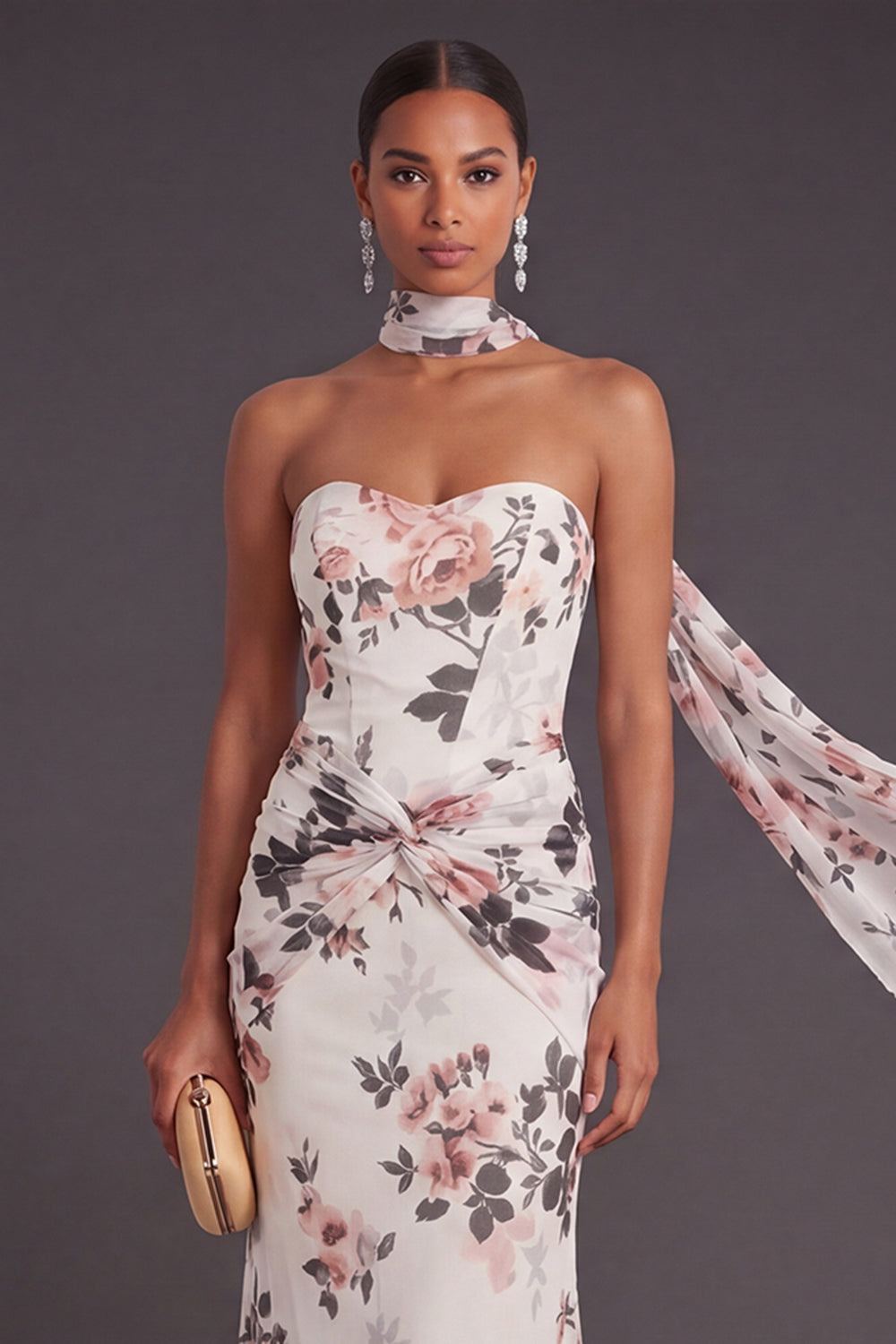 Neck Scarf Ivory Floral Mermaid Long Wedding Guest Dress