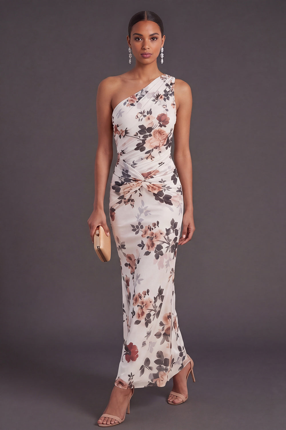 Ivory Mermaid Floral One Shoulder Long Wedding Guest Dress with Neck Scarf
