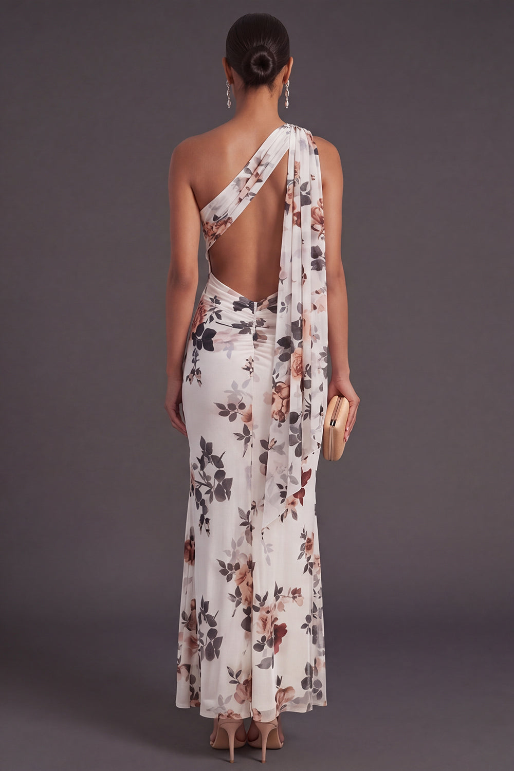 Ivory Mermaid Floral One Shoulder Long Wedding Guest Dress with Neck Scarf