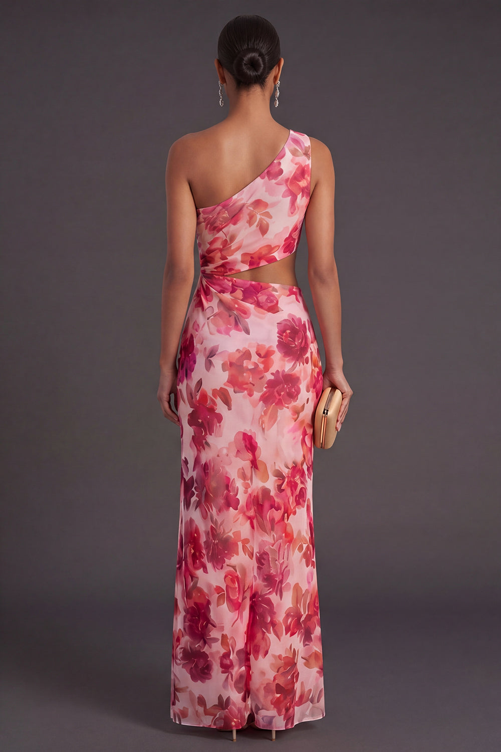 Pink Cut Out Floral One Shoulder Long Wedding Guest Dress with Slit