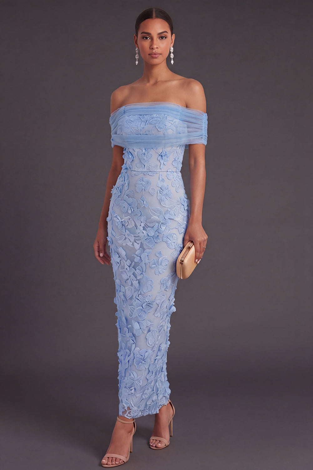 Floral Blue Sheath Off the Shoulder Long Wedding Guest Dress