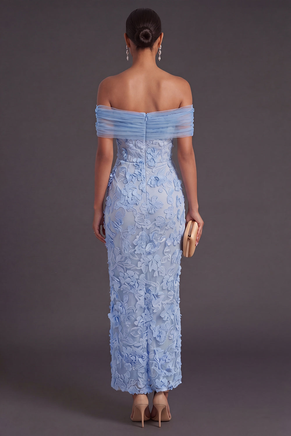 Floral Blue Sheath Off the Shoulder Long Wedding Guest Dress