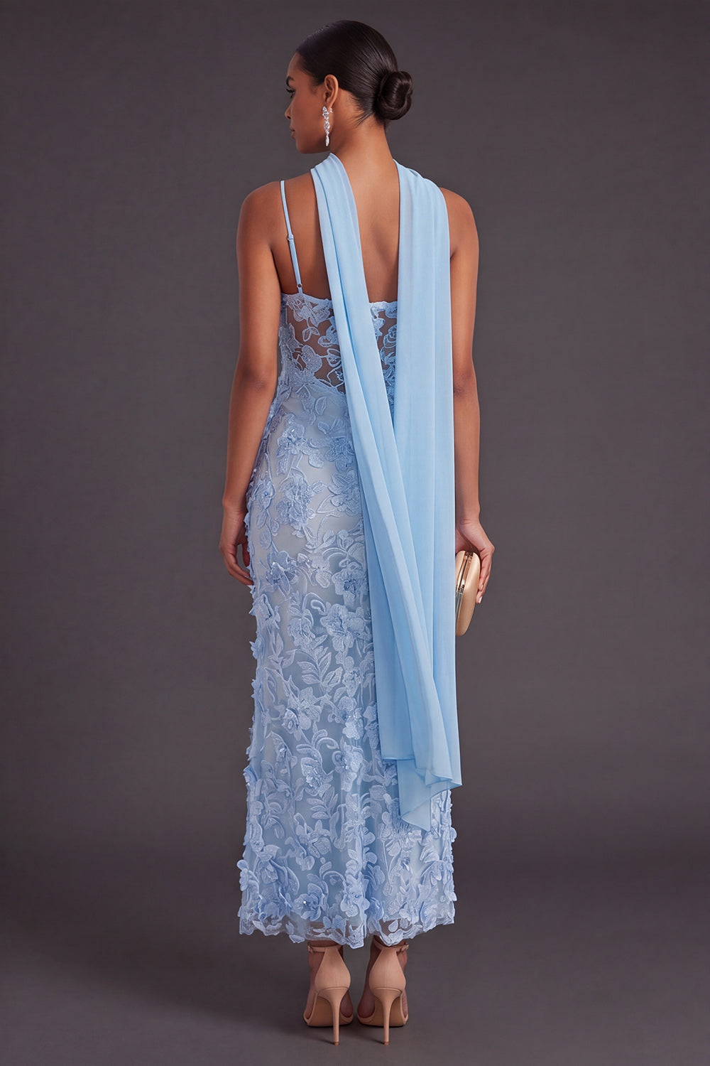 Blue Floral Mermaid Spaghetti Straps Long Wedding Guest Dress with Neck Scarf
