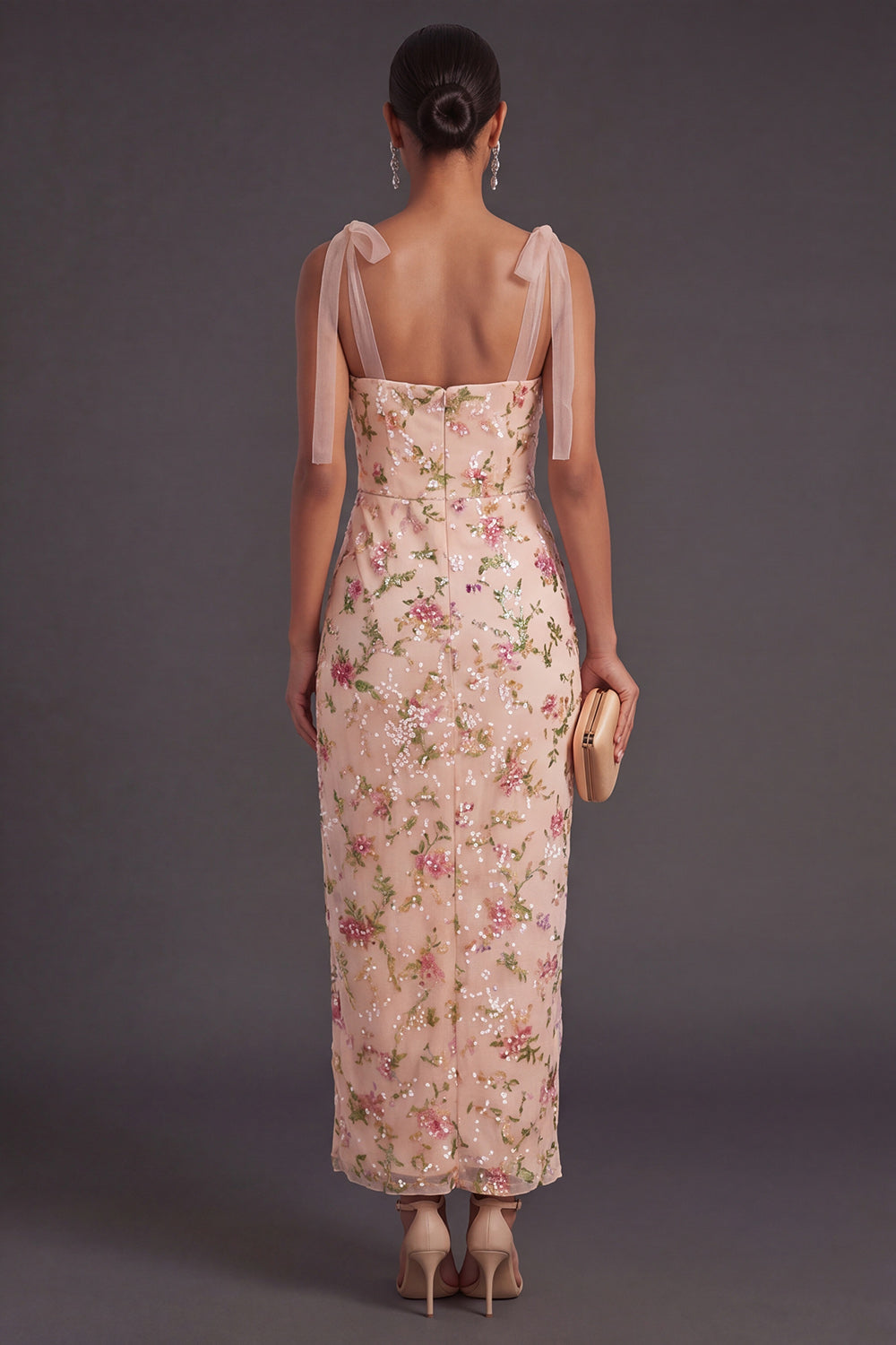 Floral Champagne Thick Straps Sheath Long Wedding Guest Dress with Slit