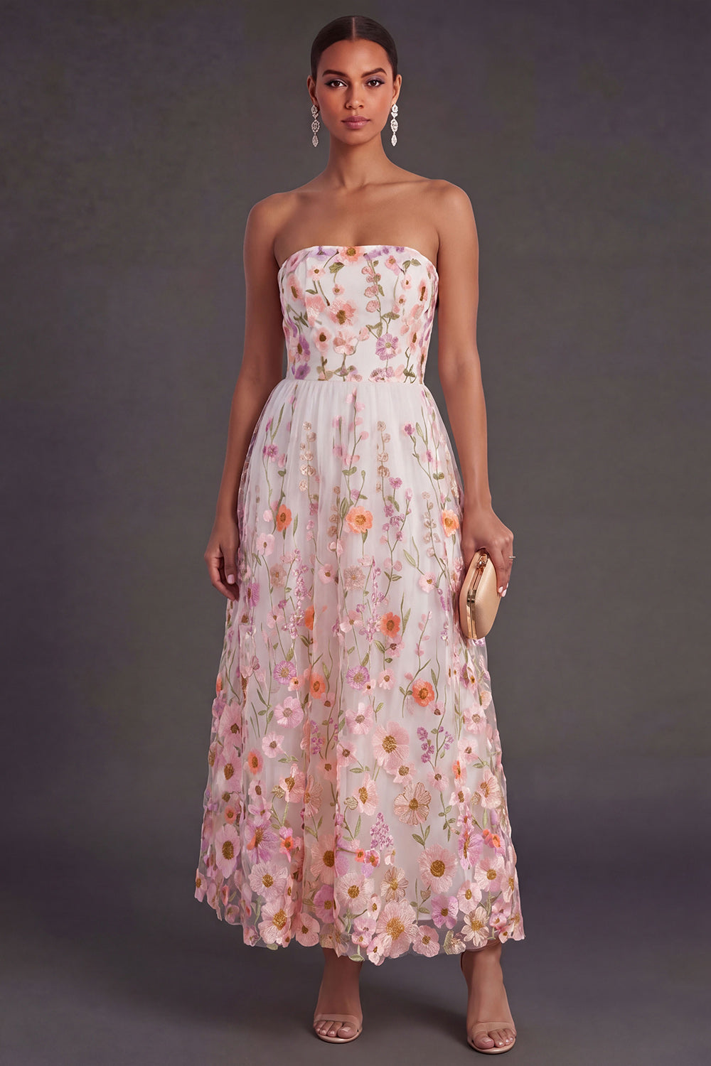 Pink Floral A Line Strapless Long Wedding Guest Dress