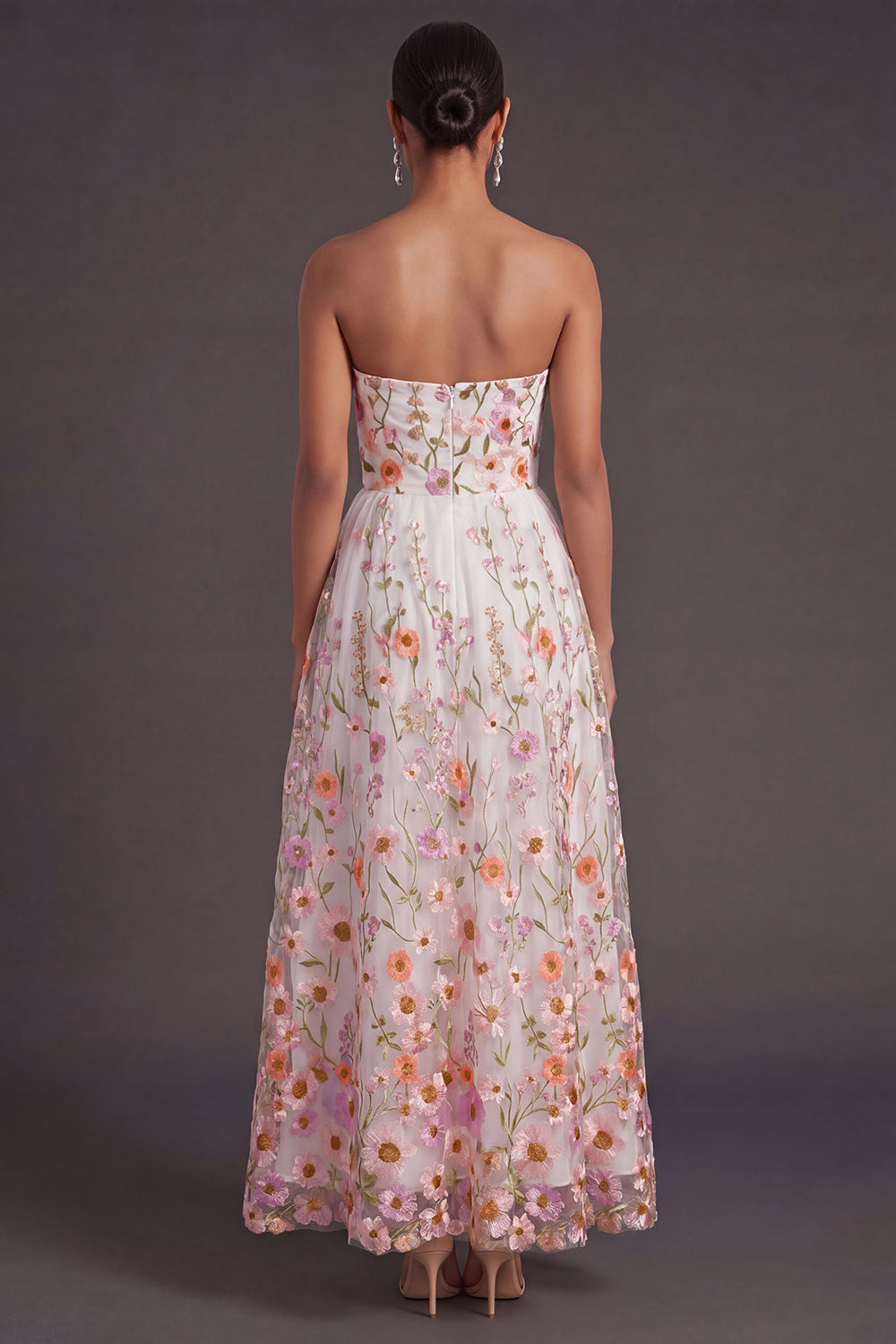 Pink Floral A Line Strapless Long Wedding Guest Dress
