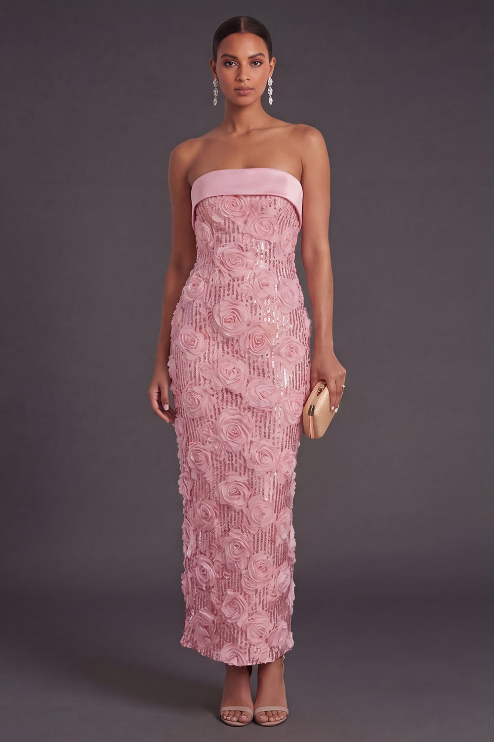 Pink Floral Sheath Glitter Long Wedding Guest Dress with Slit
