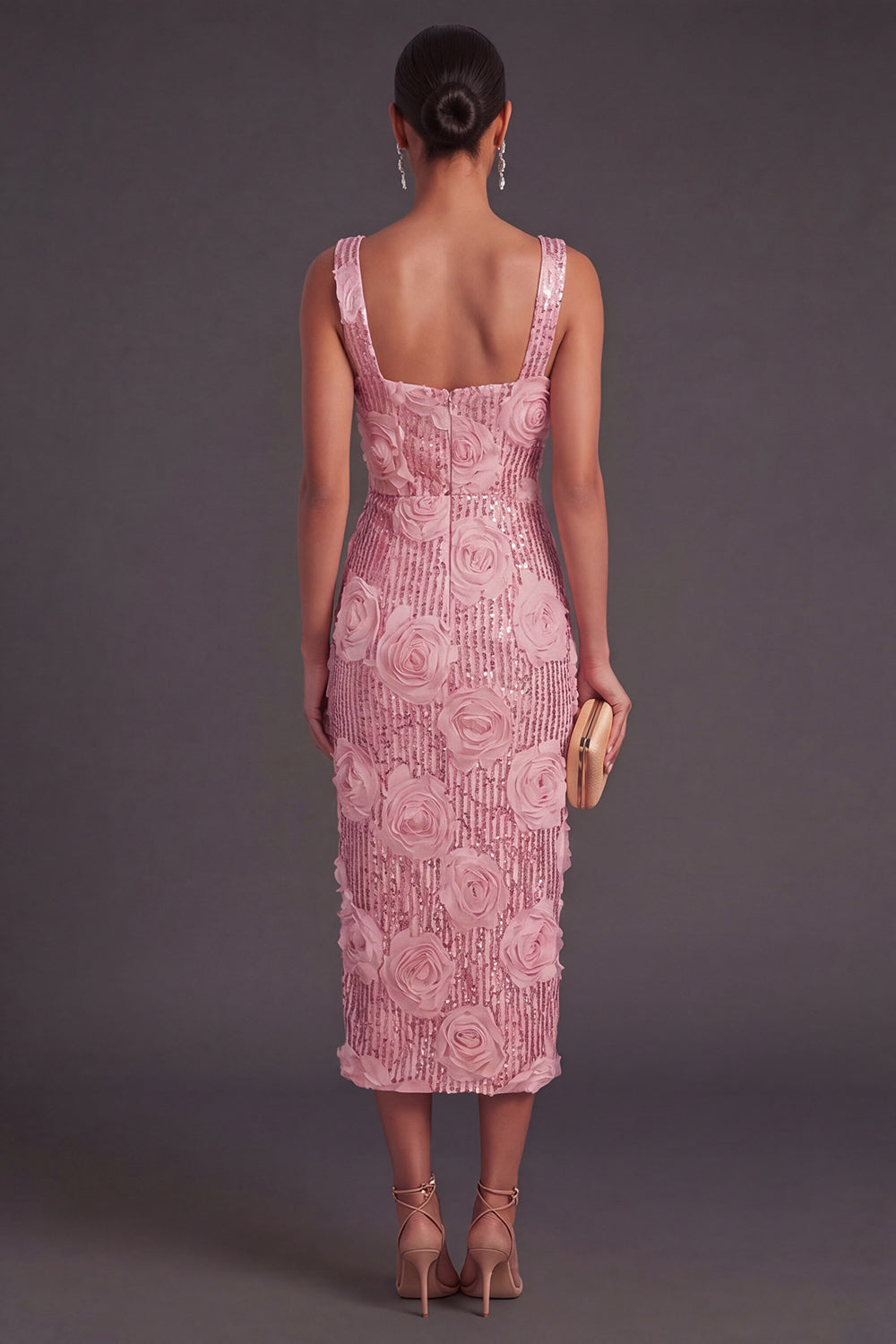 Pink Floral Glitter Sheath Thick Straps Midi Wedding Guest Dress with Slit