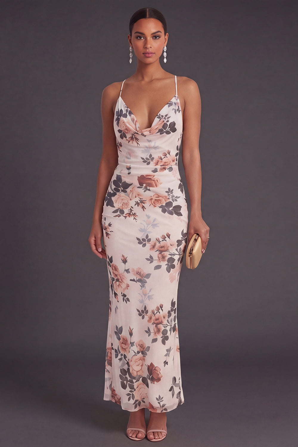Ivory Floral Mermaid Spaghetti Straps Long Wedding Guest Dress