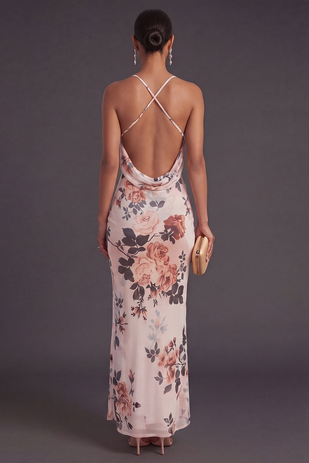 Ivory Floral Mermaid Spaghetti Straps Long Wedding Guest Dress