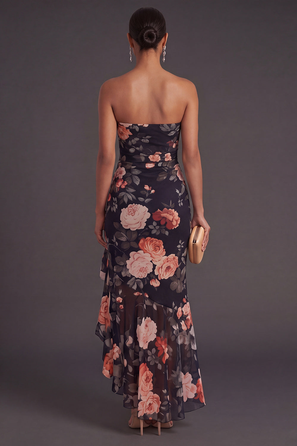 Black Floral A Line Strapless Ruffled High Low Wedding Guest Dress