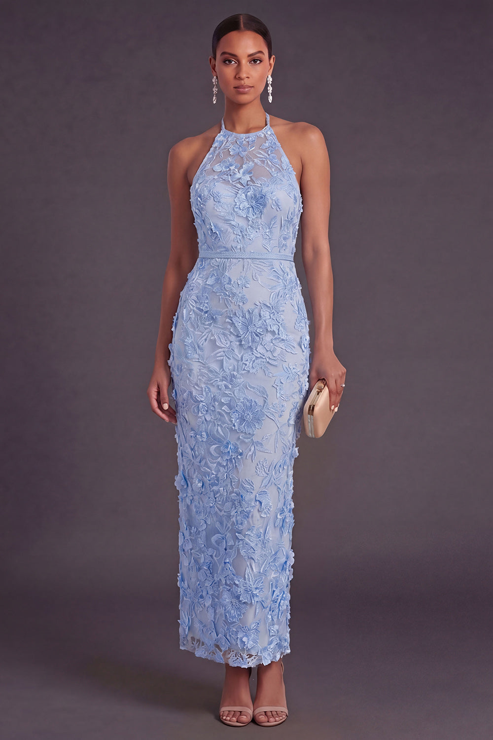 Blue Floral Sheath Long Appliqued Wedding Guest Dress