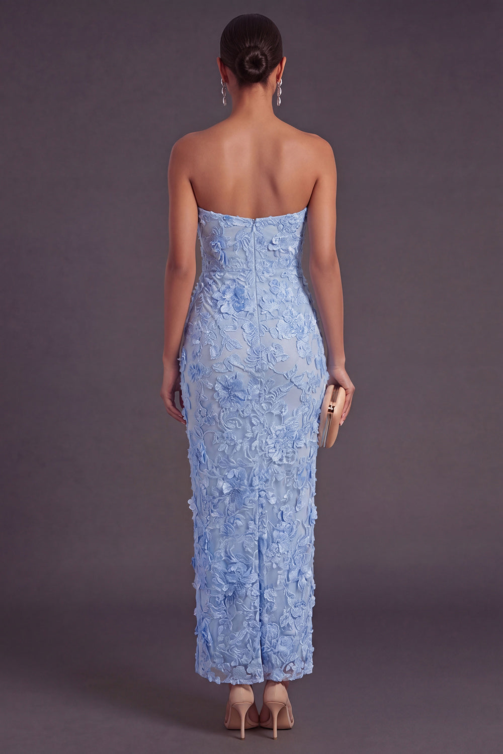 Blue Floral Sheath Long Appliqued Wedding Guest Dress