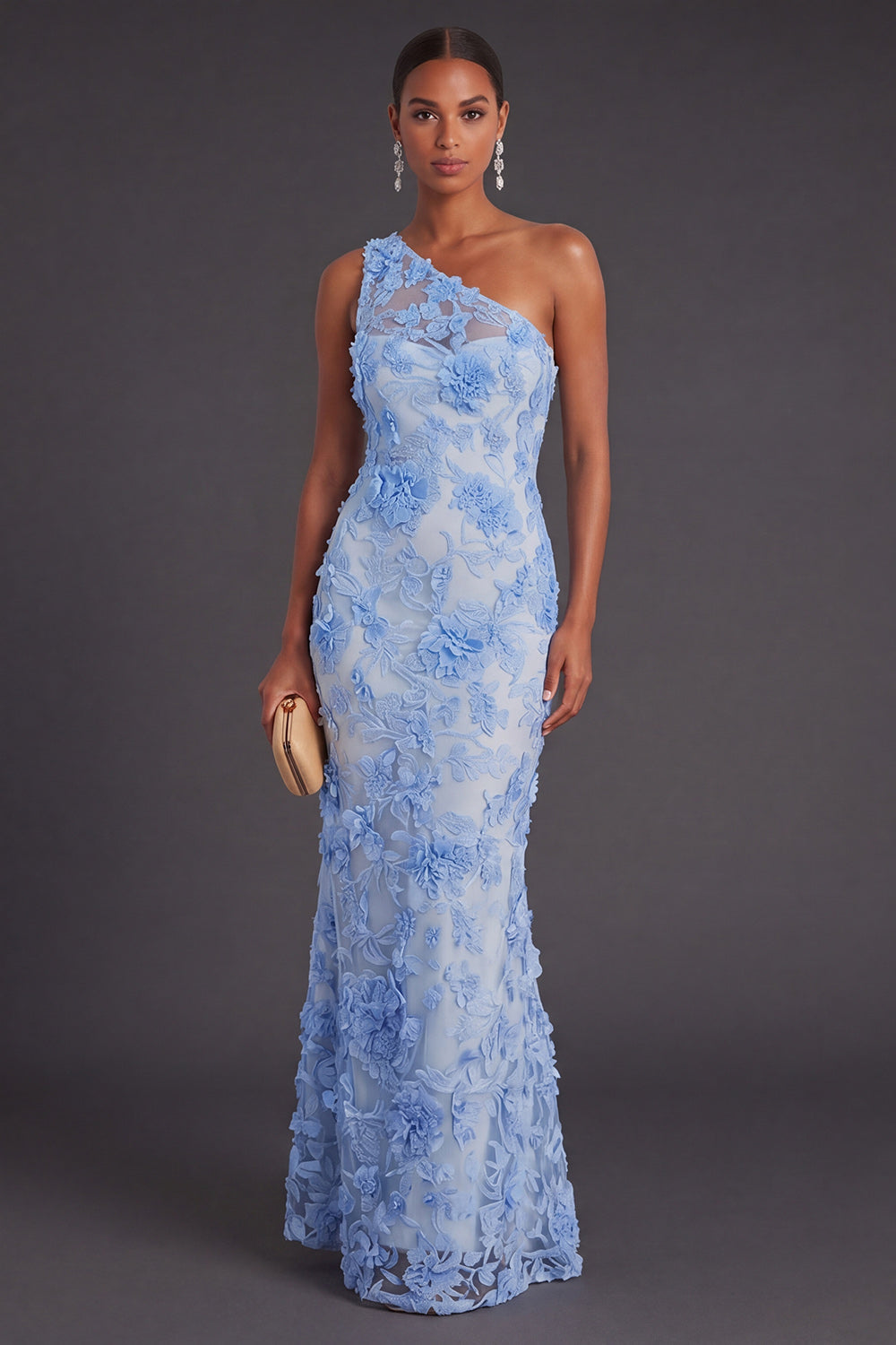 One Shoulder Blue Floral Appliqued Long Wedding Guest Dress