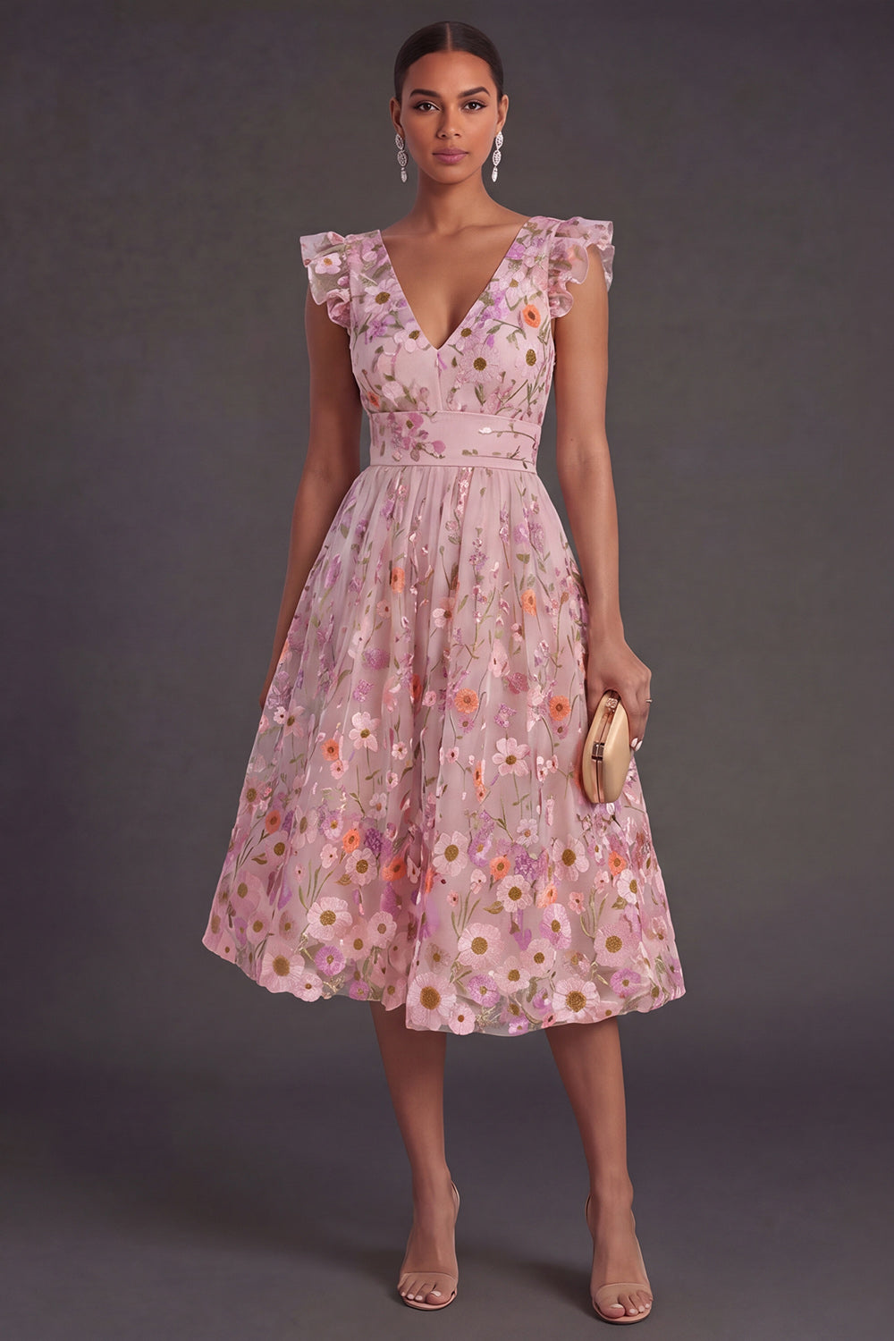 A Line Floral Pink V Neck Embroidered Midi Wedding Guest Dress