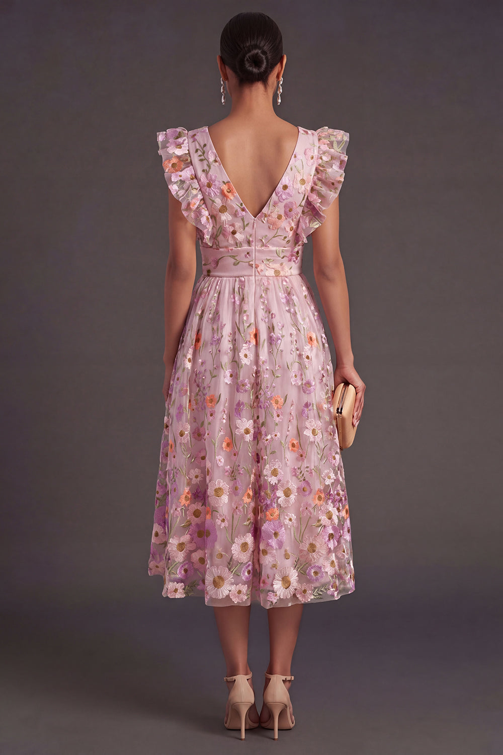 A Line Floral Pink V Neck Embroidered Midi Wedding Guest Dress
