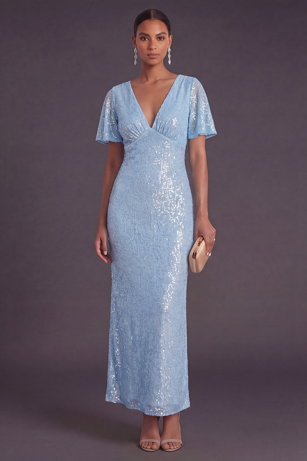 Light Blue Glitter Mermaid Long Wedding Guest Dress with Short Sleeves