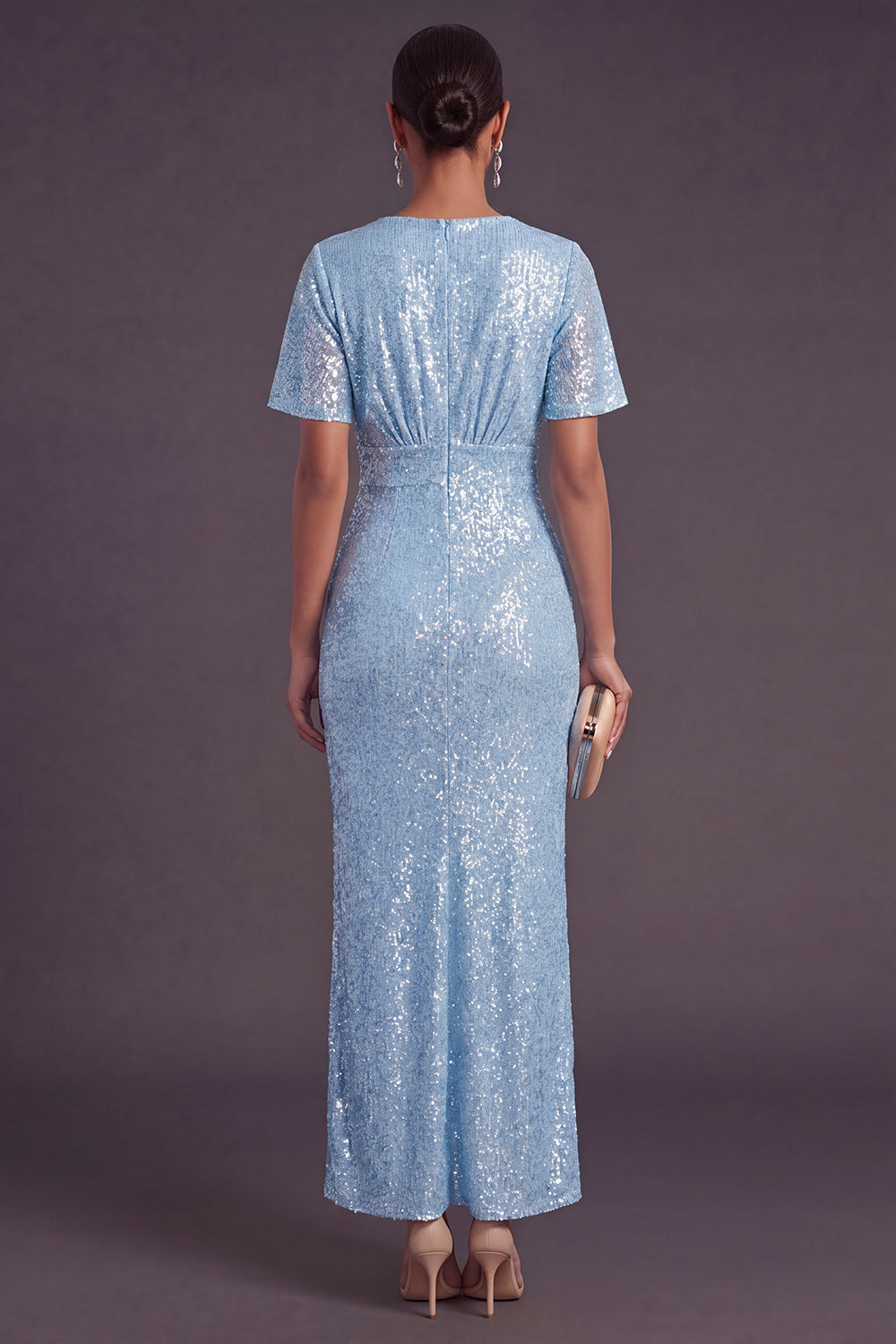 Light Blue Glitter Mermaid Long Wedding Guest Dress with Short Sleeves