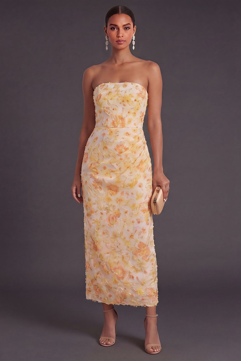 Yellow Floral Sheath Ruched Long Wedding Guest Dress with Slit