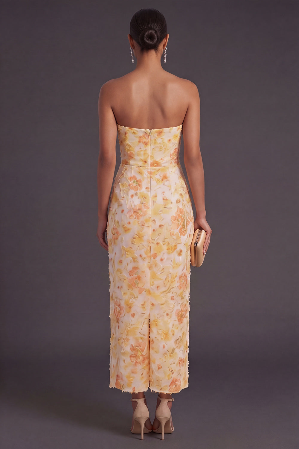 Yellow Floral Sheath Ruched Long Wedding Guest Dress with Slit