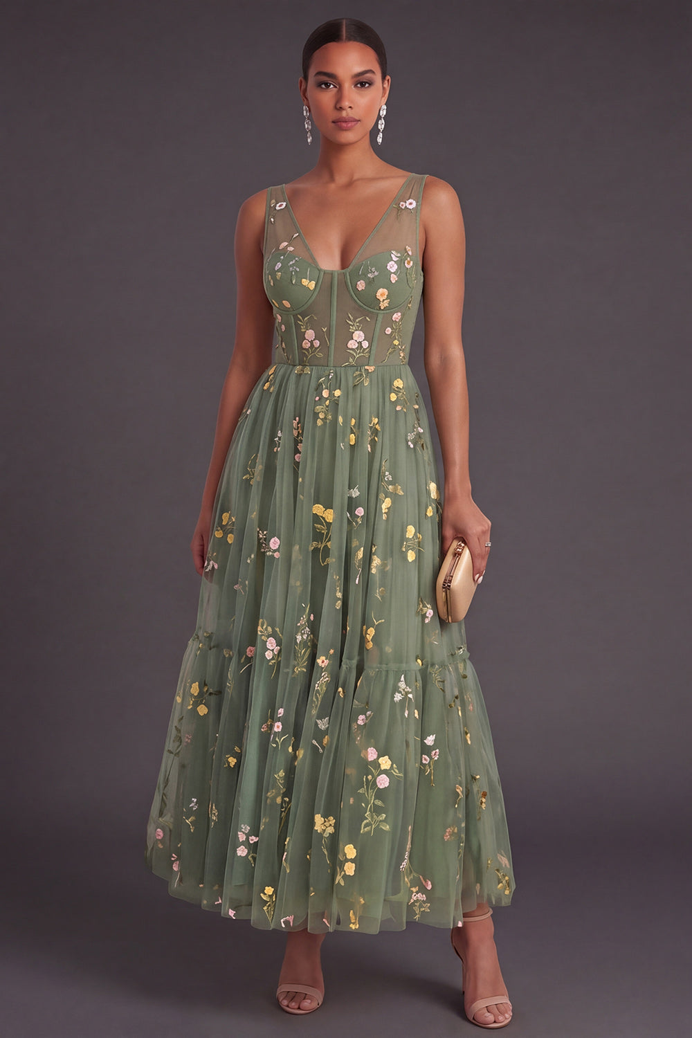 Dusty Sage Floral Corset A Line Long Wedding Guest Dress