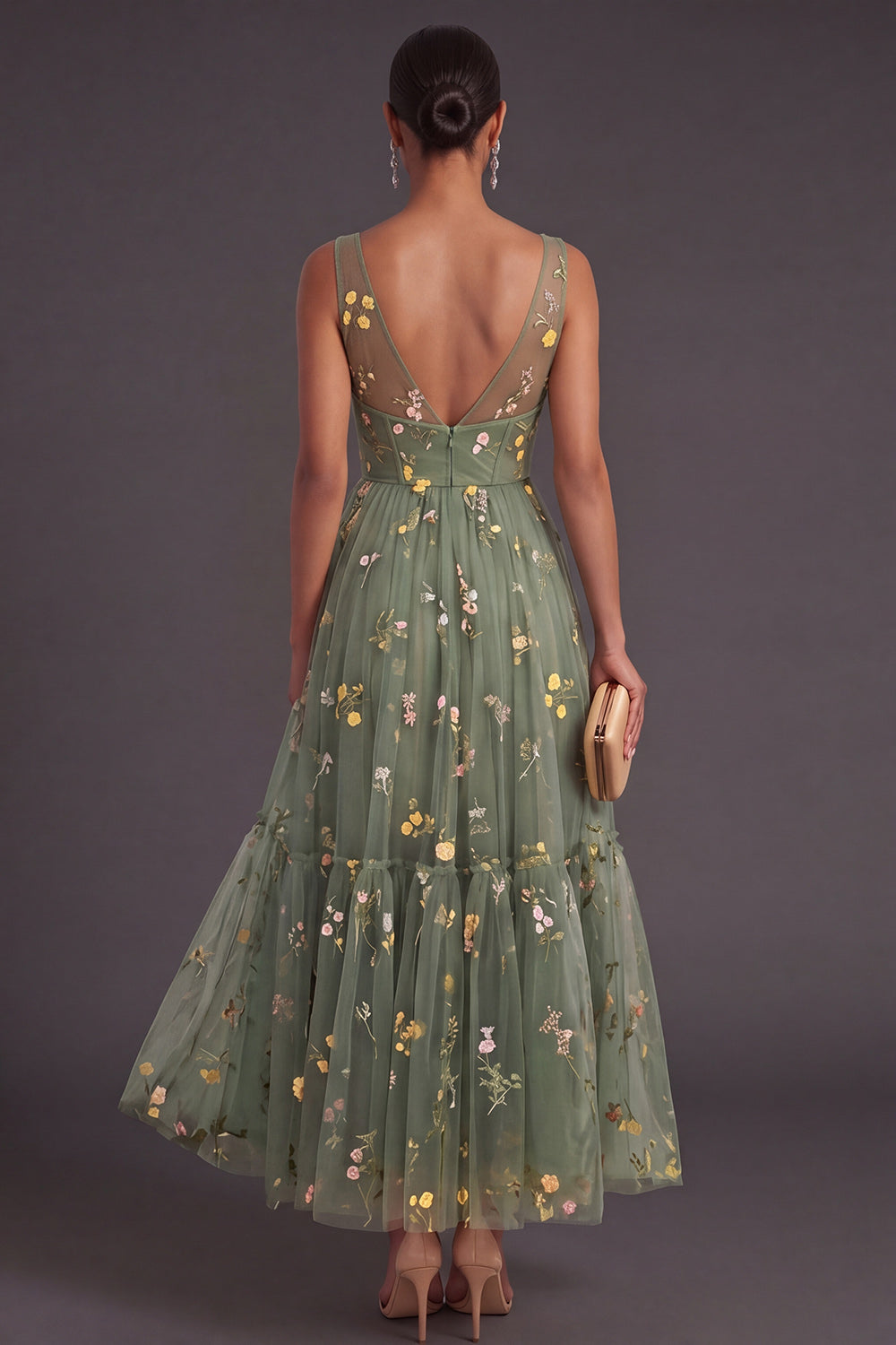 Dusty Sage Floral Corset A Line Long Wedding Guest Dress