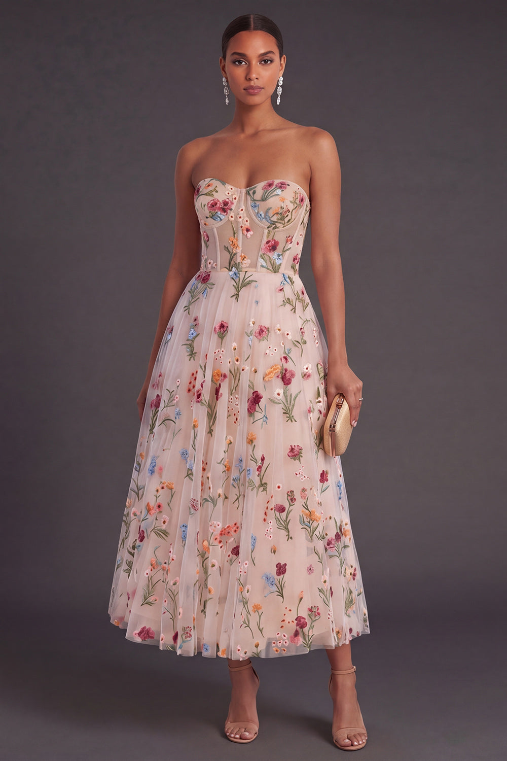Leely Women Corset Ivory A Line Floral Sweetheart Long Wedding Guest Dress Backless Embroidered Sleeveless Formal Dress