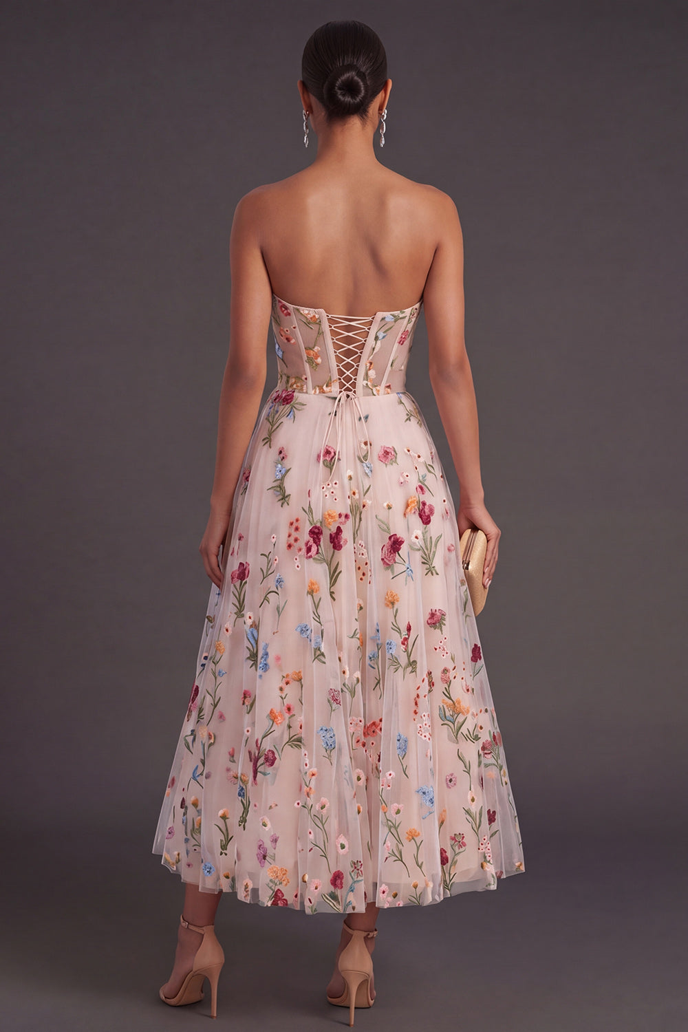 Corset Ivory A Line Floral Sweetheart Long Wedding Guest Dress