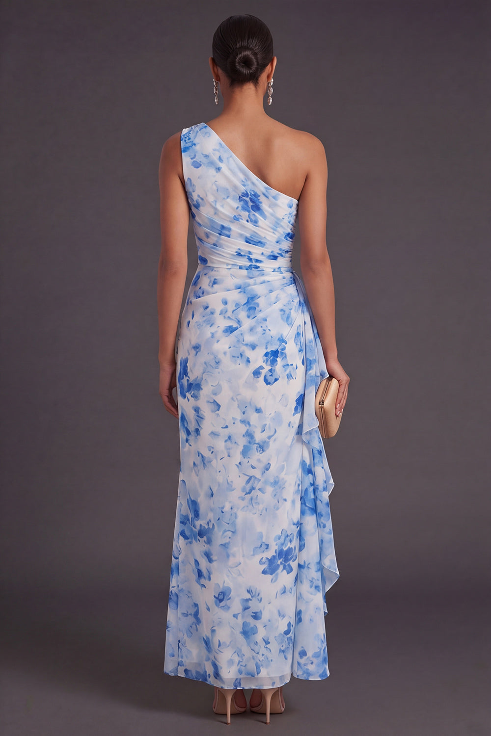 Mermaid Blue Floral Ruched Long Wedding Guest Dress with Drape