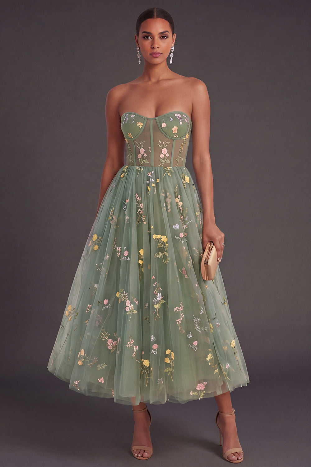 Dusty Sage Floral A Line Corset Sweetheart Long Wedding Guest Dress