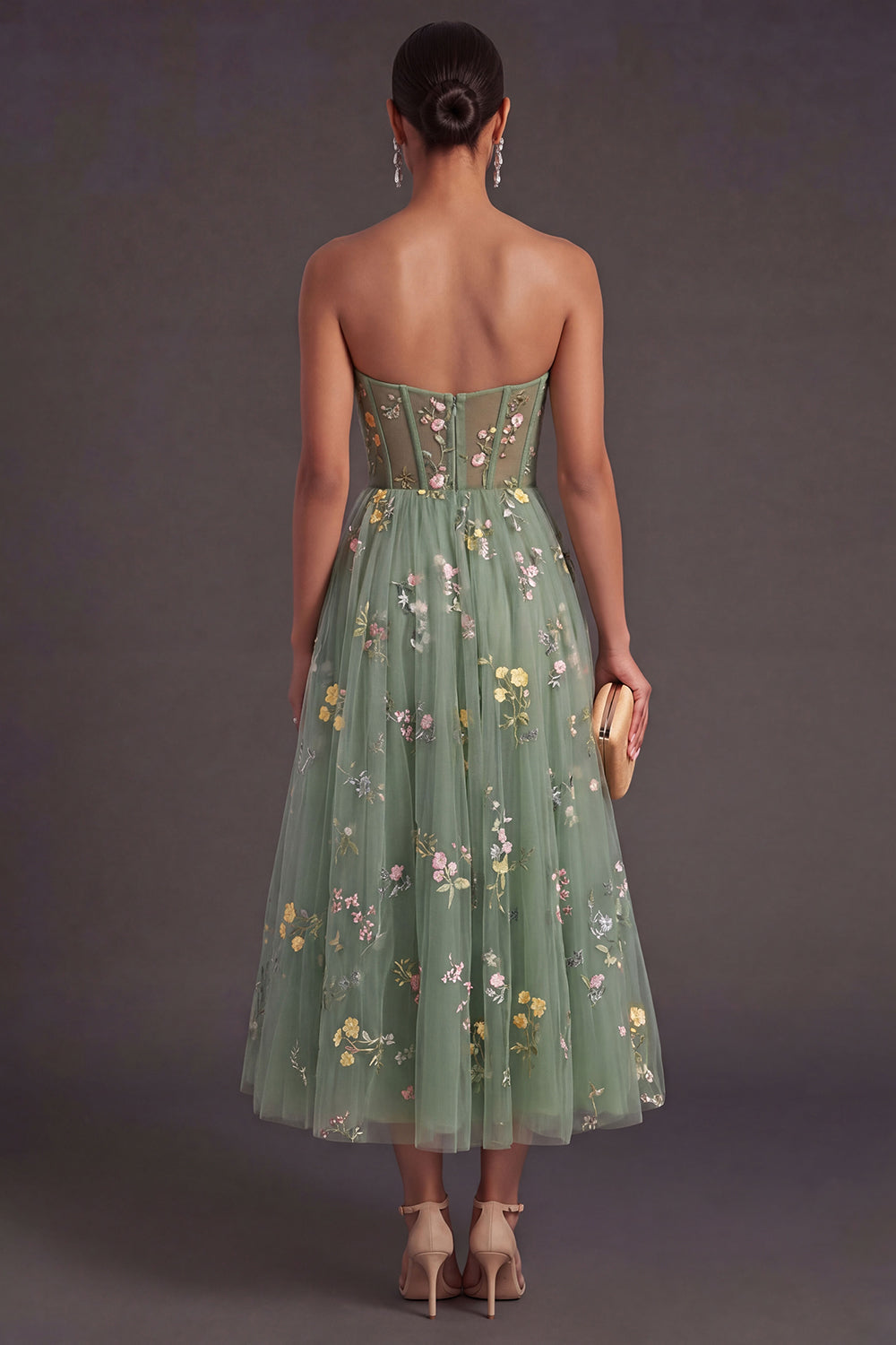 Dusty Sage Floral A Line Corset Sweetheart Long Wedding Guest Dress