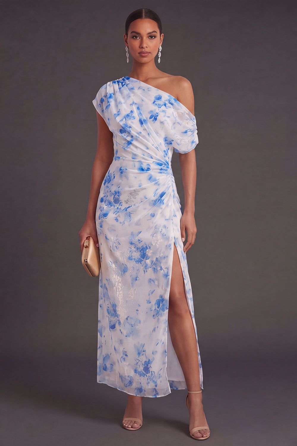 Ruched Blue Floral Mermaid Long Wedding Guest Dress with Slit