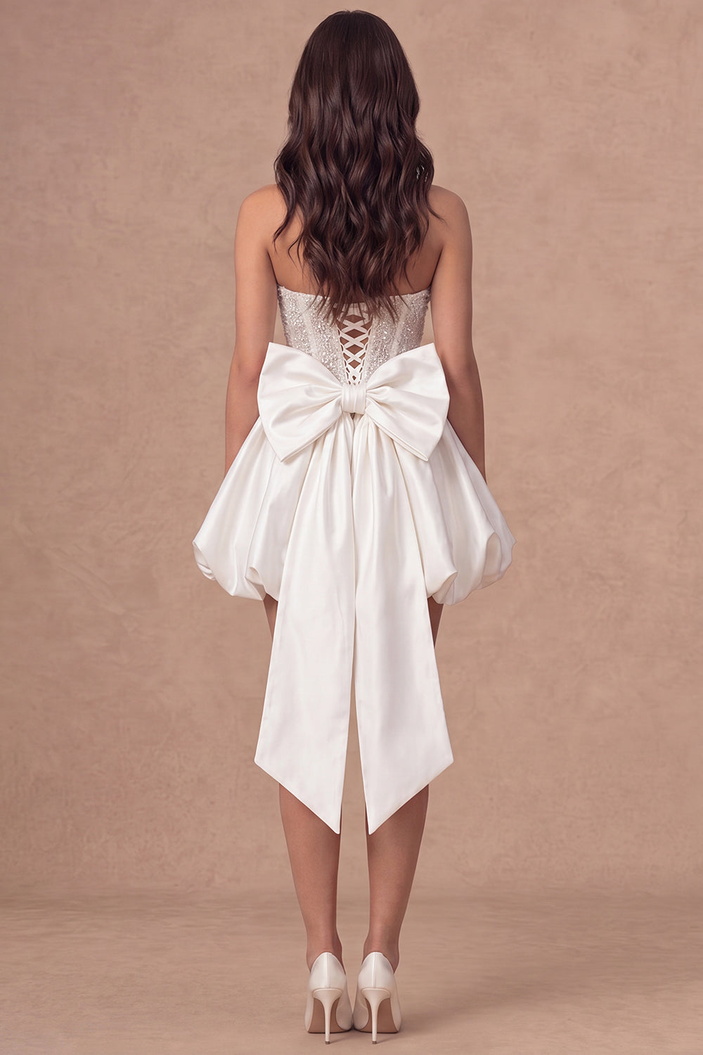 A Line Sparkly Beaded Corset Little White Dress with Bow