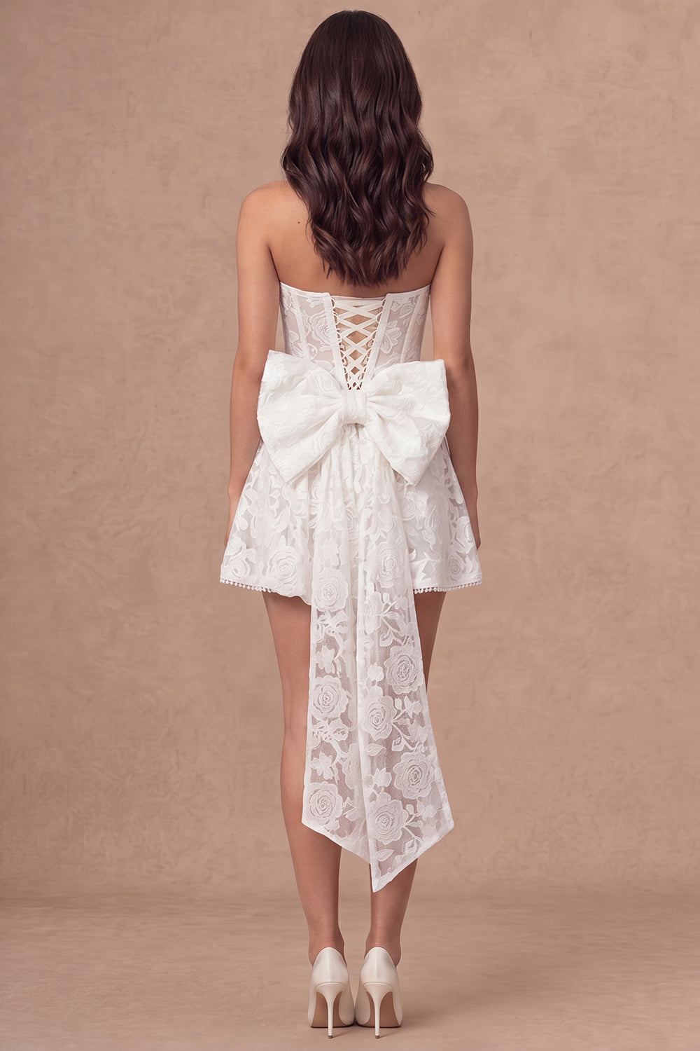 Floral A Line Corset Little White Dress with Bow