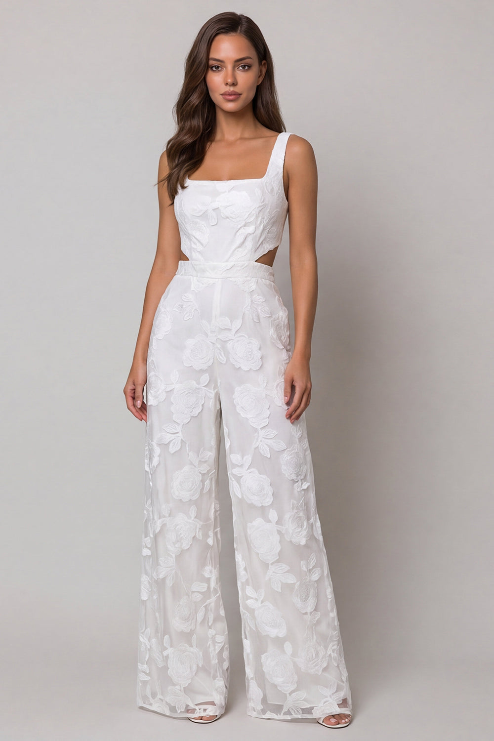 Floral Ivory Cut Out Wide Leg Square Neck Lace Work Jumpsuits