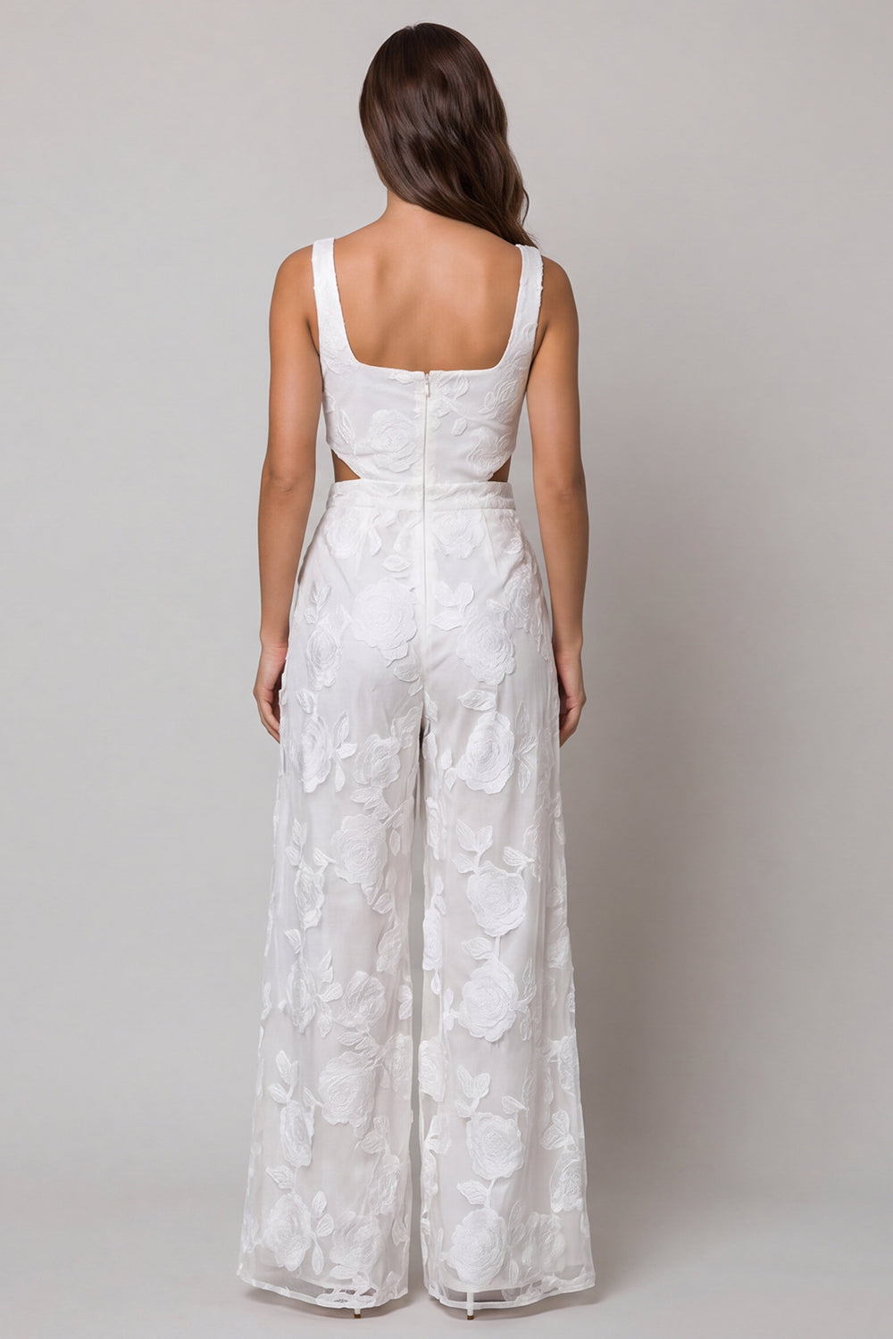 Floral Ivory Cut Out Wide Leg Square Neck Lace Work Jumpsuits