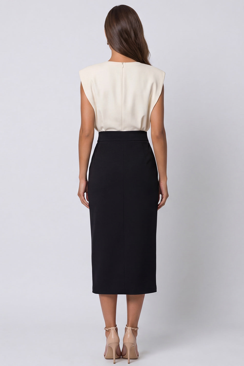 Ivory and Black Block Pencil Patchwork Color Midi Work Dress with Slit