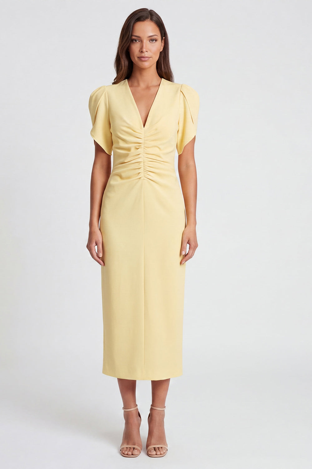 Leely Women V-Neck Ruched Light Yellow Long Work Dress Short Sleeves Pencil Business Dress