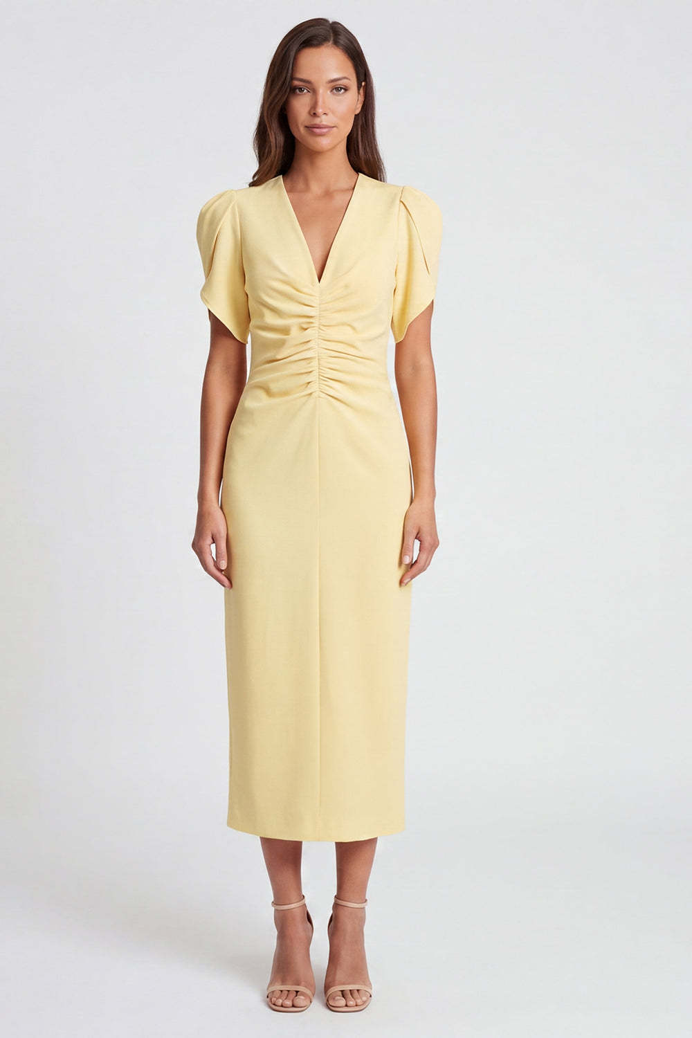 Leely Women V-Neck Ruched Light Yellow Long Work Dress Short