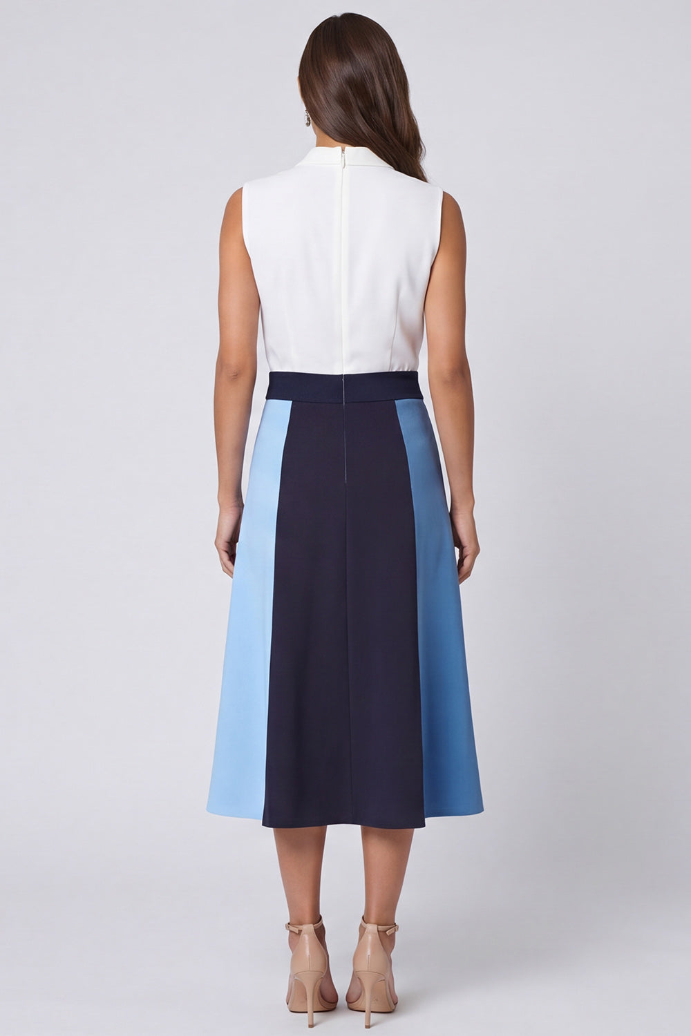A Line Ivory and Blue Shawl Lapel Color Block Long Work Dress
