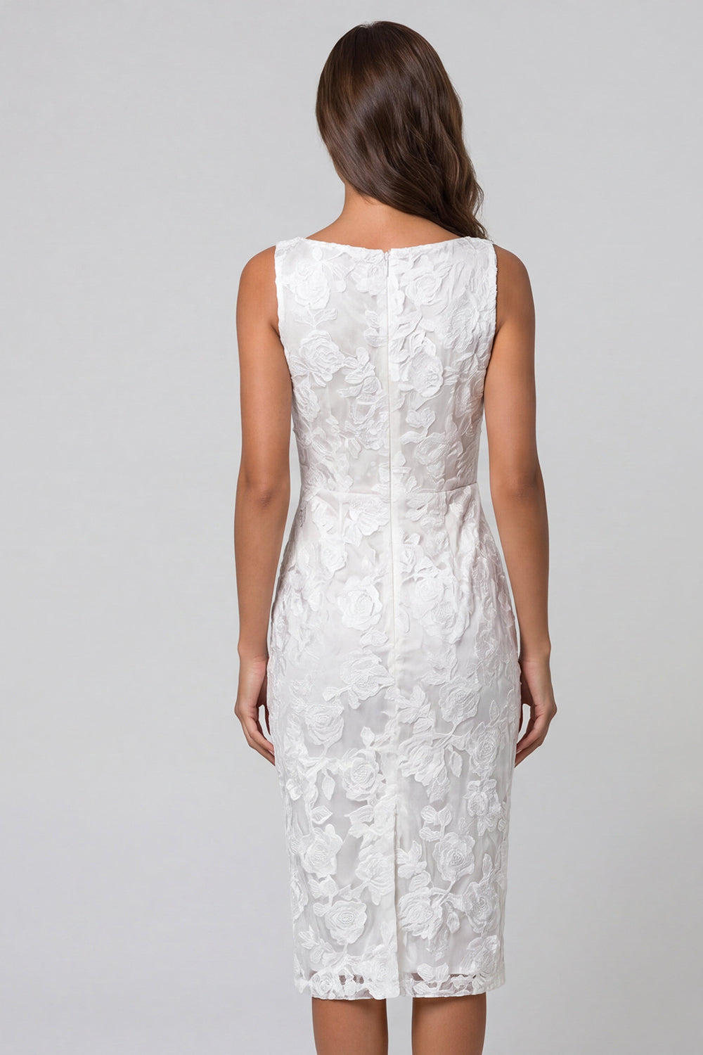 Ruched Ivory Boat Neck Floral Lace Pencil Sheath Midi Work Dress