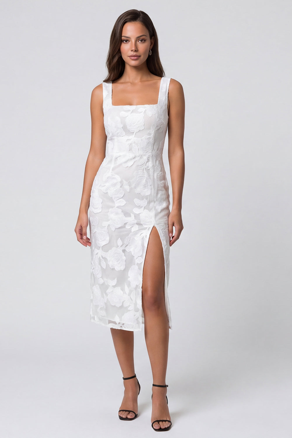 Ivory Square Neck Floral Lace Sheath Midi Work Dress with Slit