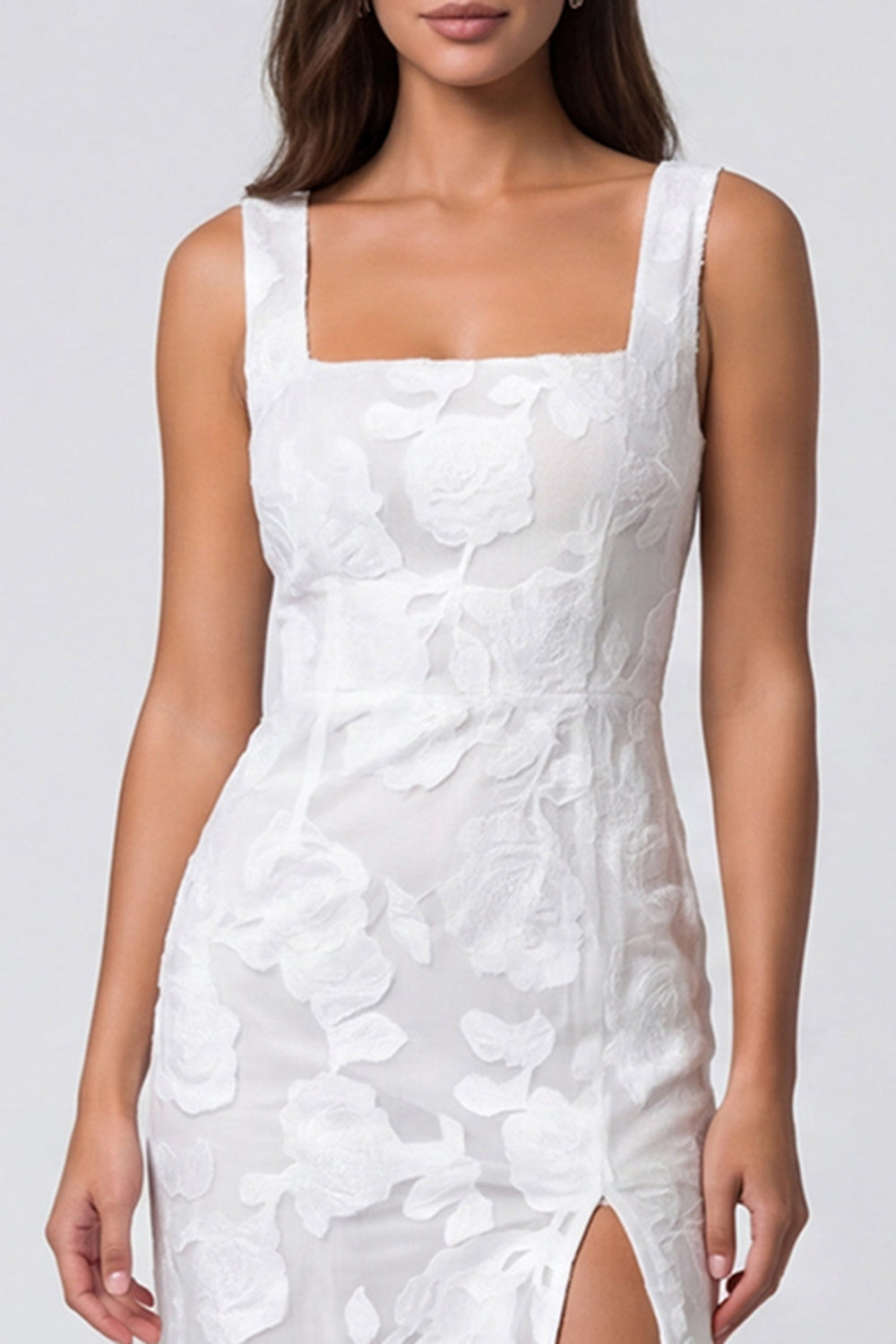 Ivory Square Neck Floral Lace Sheath Midi Work Dress with Slit
