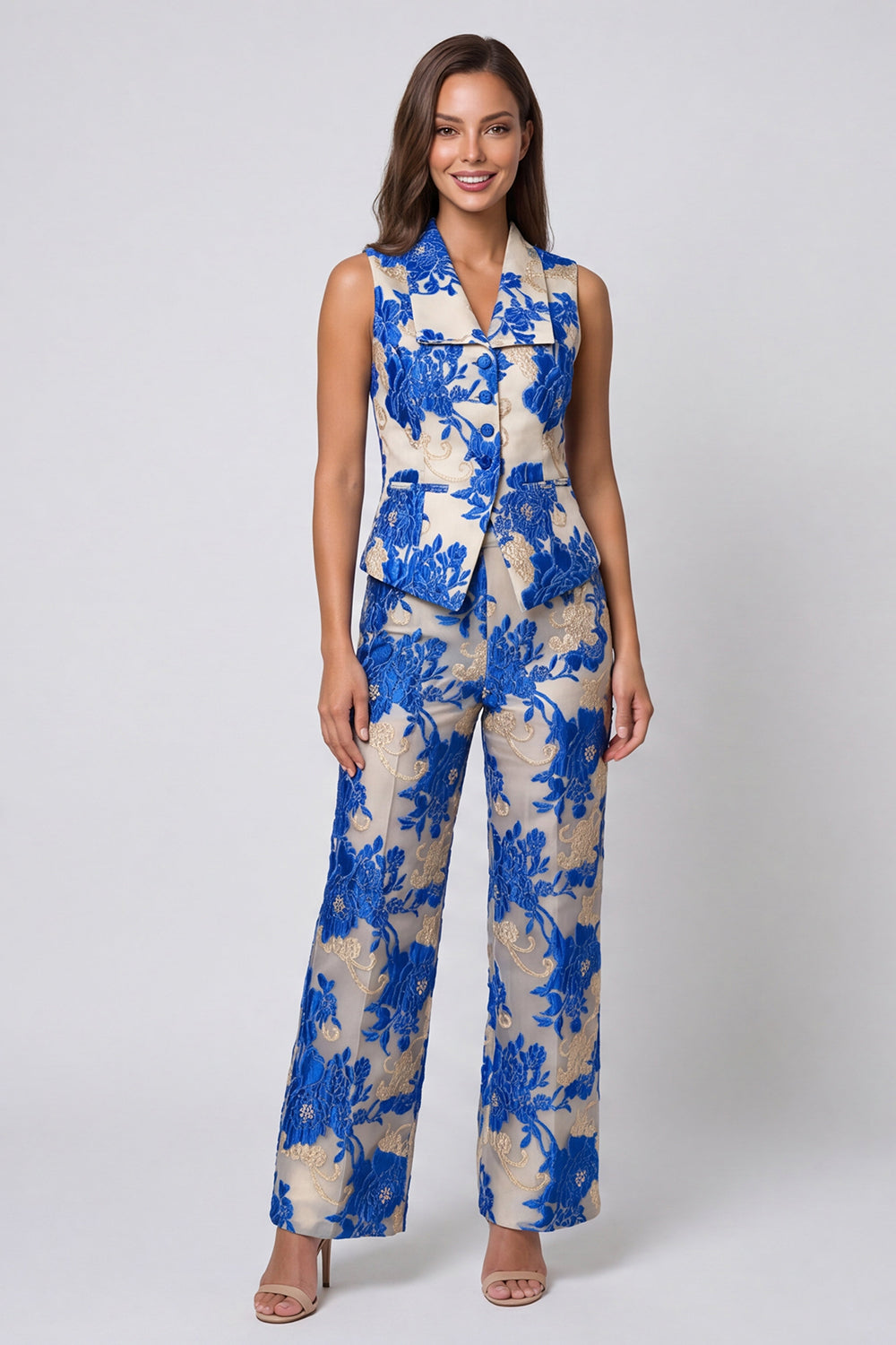 Leely Women Blue 2 Piece Floral Business Suits with Buttons Shawl Lapel Sleeveless Work Pantsuits